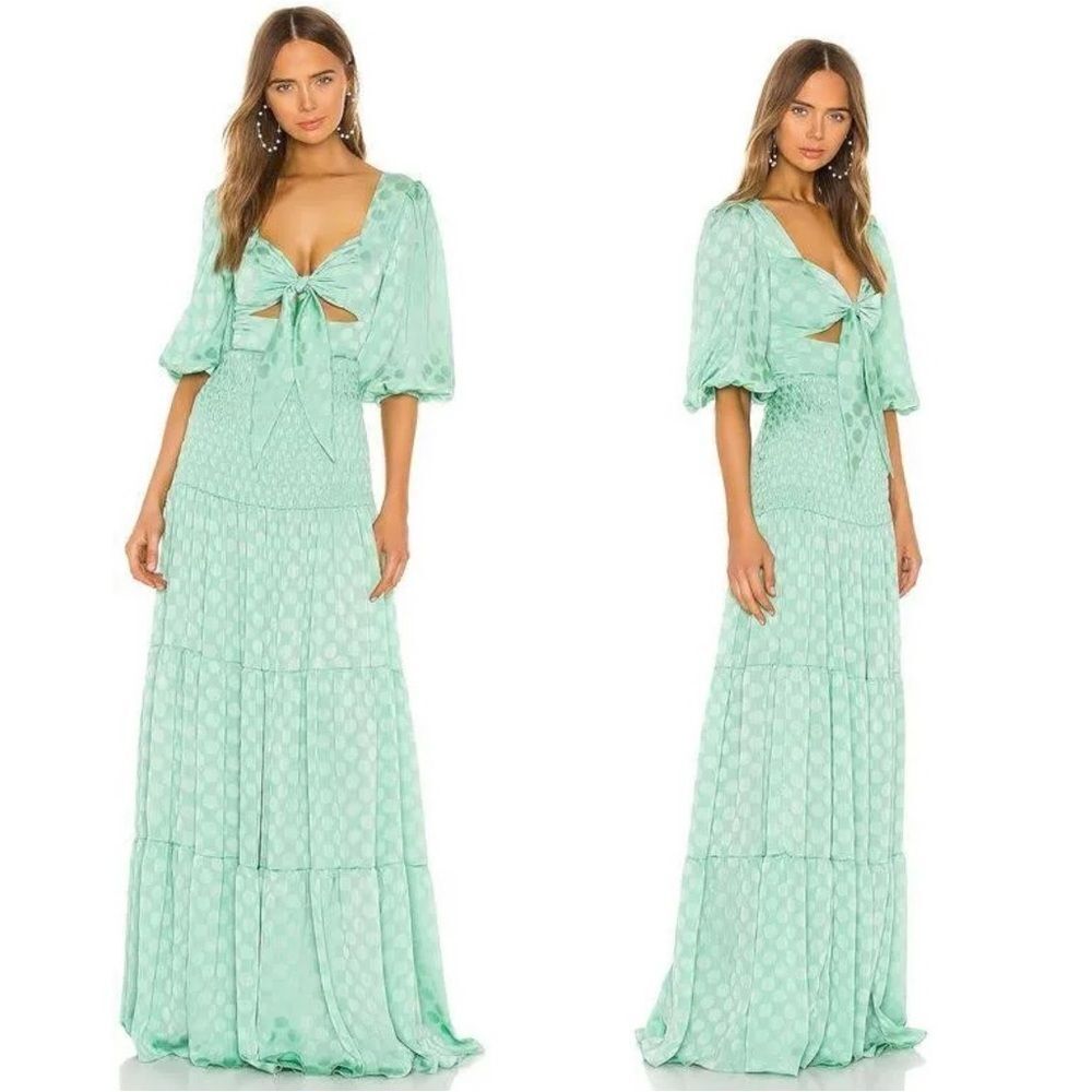 NWT $850 PATBO Satin Dot Ruched Maxi Dress